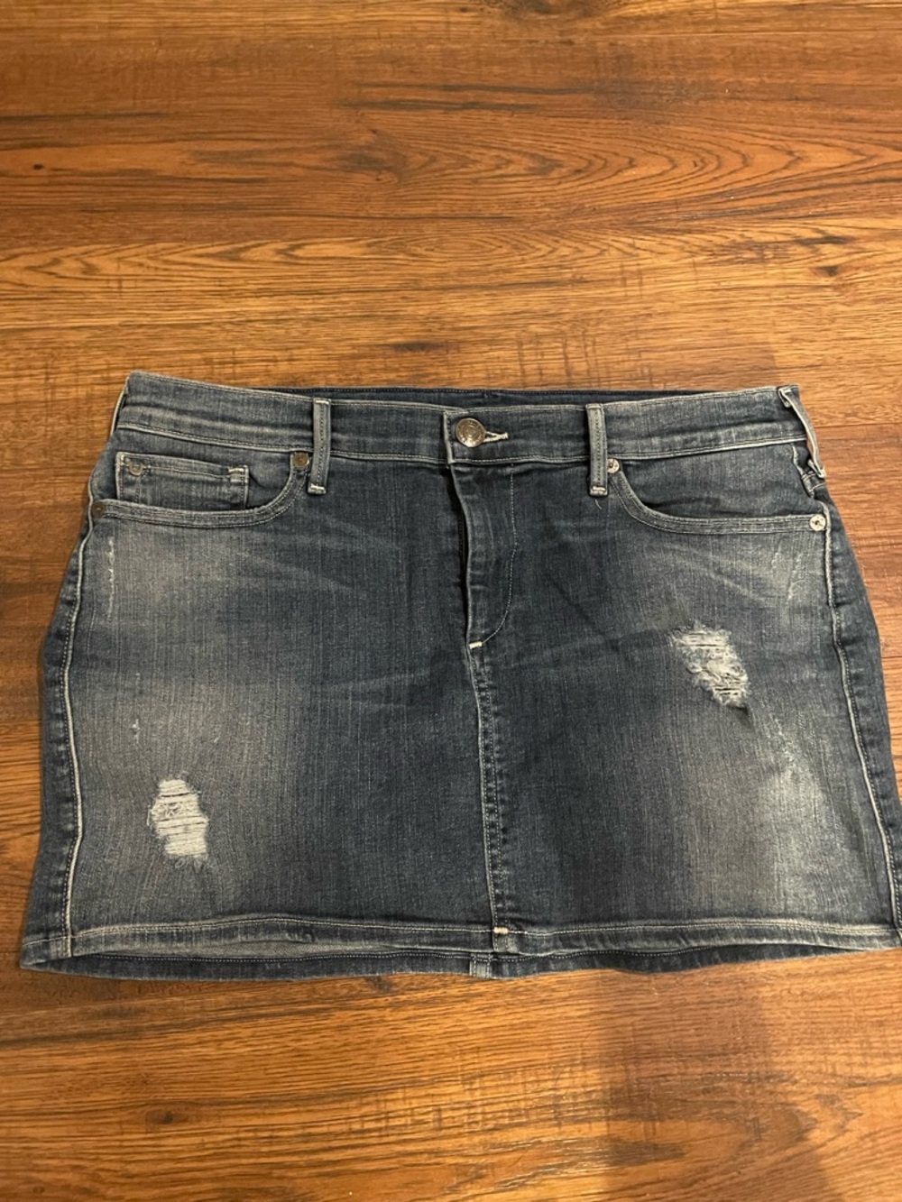 True Religion Washed Dark Blue Distressed Denim Mini Skirt